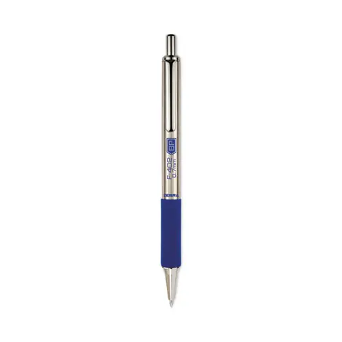 Zebra® F-402 Ballpoint Pen, Retractable, Fine 0.7 mm, Blue Ink, Stainless Steel/Blue Barrel, 2/Pack