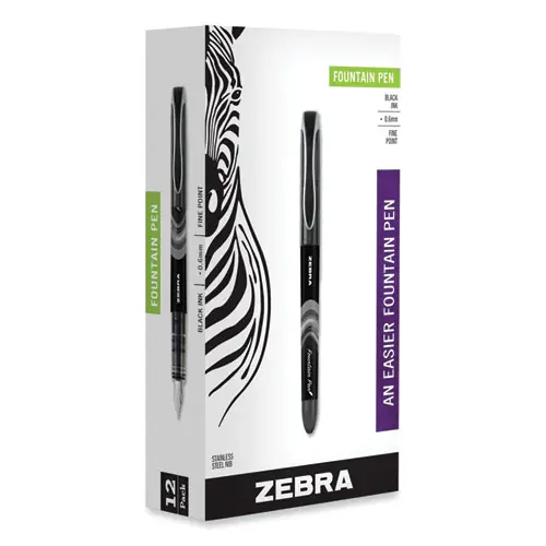 Zebra® Fountain Pen, Fine Point, 0.6 mm, Black Ink, Black/Gray Barrel, 12/Pack