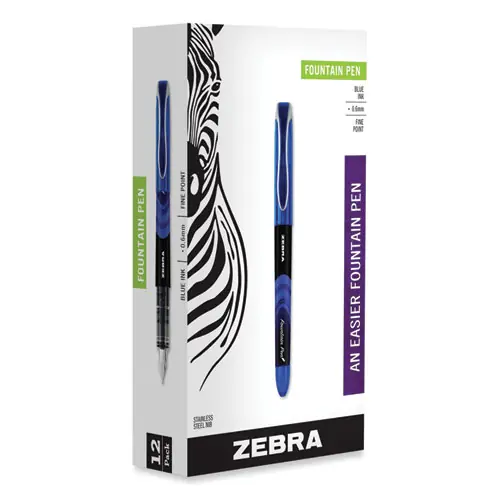 Zebra® Fountain Pen, Fine 0.6 mm, Blue Ink, Black/Blue Barrel, 12/Pack
