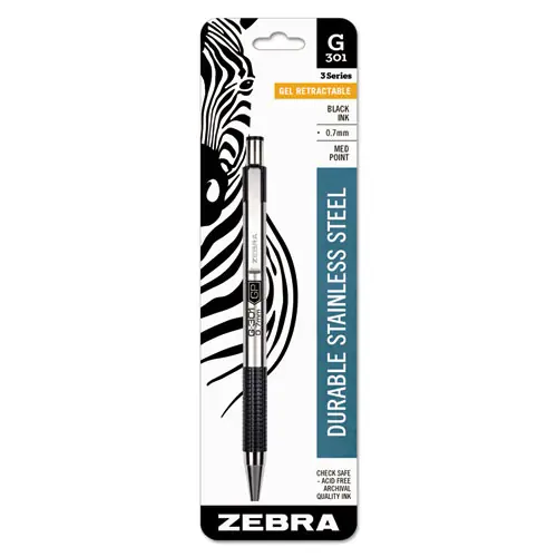 Zebra® G-301 Gel Pen, Retractable, Medium Point, 0.7 mm, Black Ink, Stainless Steel/Black Barrel