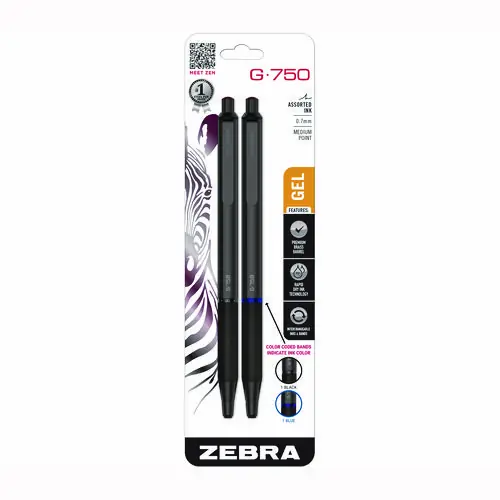 Zebra® G-750 Gel Pen, Retractable, Medium Point, 0.7 mm, Black & Blue Ink, Black Barrel, 2/Pack