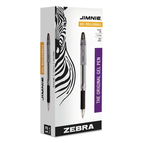 Zebra® Jimnie Gel Pen, Medium Point, 0.7 mm, Black Ink, Clear/Black Barrel, 12 Pack