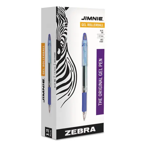 Zebra® Jimnie Gel Pen, Medium Point, 0.7 mm, Blue Ink, Clear/Blue Barrel, Pack of 12