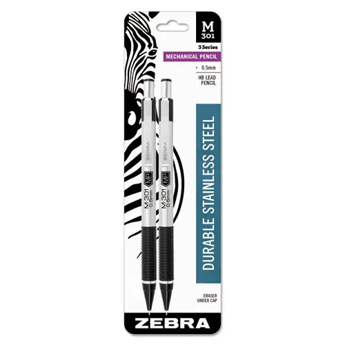 Zebra® M-301 Mechanical Pencil, 0.5 mm, HB (#2), Black Lead, Silver/Black Barrel, 2/Pack