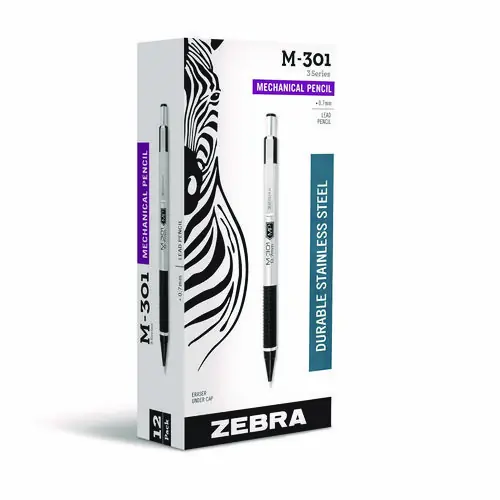 Zebra® M-301 Mechanical Pencil, 0.7 mm, HB (#2), Black Lead, Silver/Black Barrel