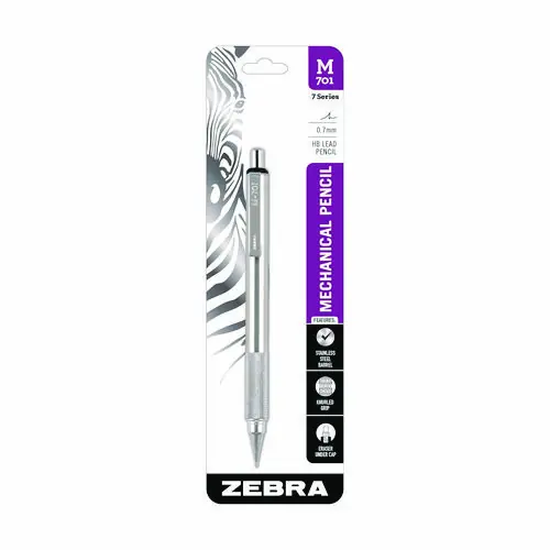Zebra® M-701 Mechanical Pencil, 0.7 mm, F (#2.5), Black Lead, Silver Barrel