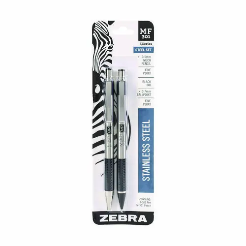 Zebra® M/F 301 Stainless Steel Retractable Pen and Pencil Set, 0.7 mm Black Pen, 0.5 mm HB Pencil, Stainless Steel Barrels