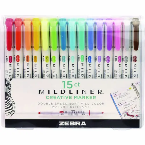 Zebra® Mildliner Double Ended Highlighter, Assorted Ink Colors, Bold-Chisel/Fine-Bullet Tips, 15/Pack