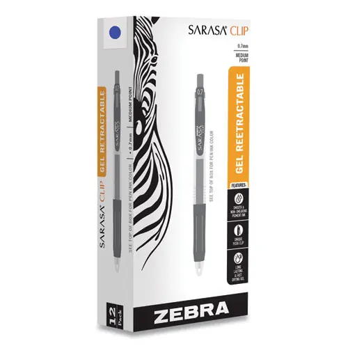 Zebra® Sarasa Clip Gel Pen, Retractable, Medium 0.7 mm, Blue Ink, Clear/Blue Barrel, 12/Pack