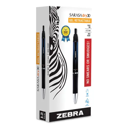 Zebra® Sarasa Dry Gel X1 Retractable Gel Pen, Medium 0.7 mm, Blue Ink, Blue Barrel, 12/Pack