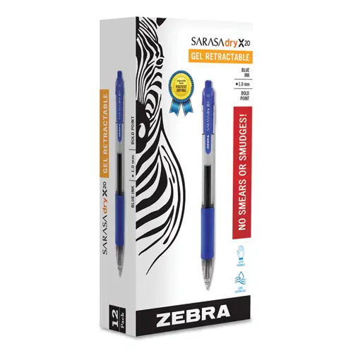 Zebra® Sarasa Dry Gel X20 Gel Pen, Retractable, Bold 1 mm, Blue Ink, Clear/Blue Barrel, 12/Pack
