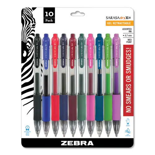 Zebra® Sarasa Dry Gel X20 Gel Pen, Retractable, Medium 0.7 mm, Assorted Ink and Barrel Colors, 10/Pack