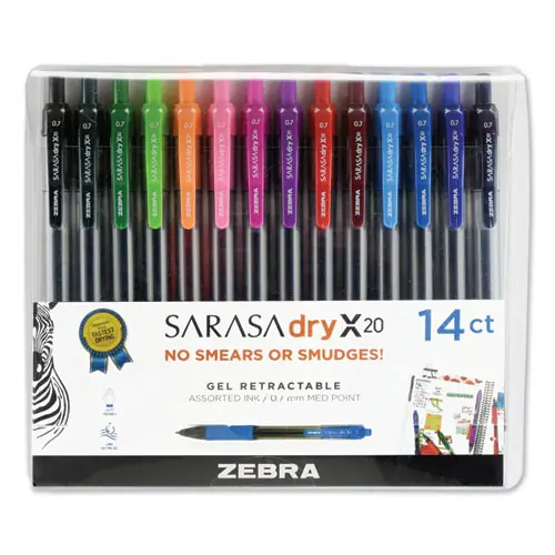 Zebra® Sarasa Dry Gel X20 Gel Pen, Retractable, Medium Point (0.7 mm), Assorted Colors, 14 Pack