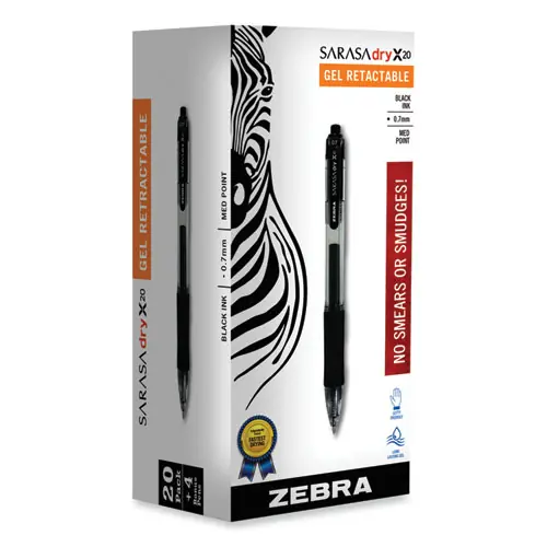 Zebra® Sarasa Dry Gel X20 Gel Pen Value Pack, Retractable, Medium 0.7 mm, Black Ink, Clear/Black Barrel, 24/Box