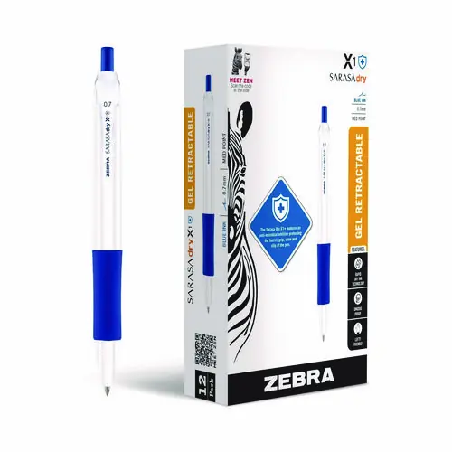 Zebra® Sarasa Dry X1+ Gel Pen, Retractable, Medium Point, 0.7 mm, Blue Ink, White/Blue Barrel, 12/Pack