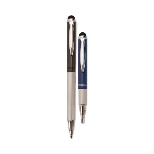 Zebra® StylusPen Telescopic Ballpoint Pen/Stylus, Retractable, Medium Point, Black Ink, Blue/Gray Barrel, 2/Pack
