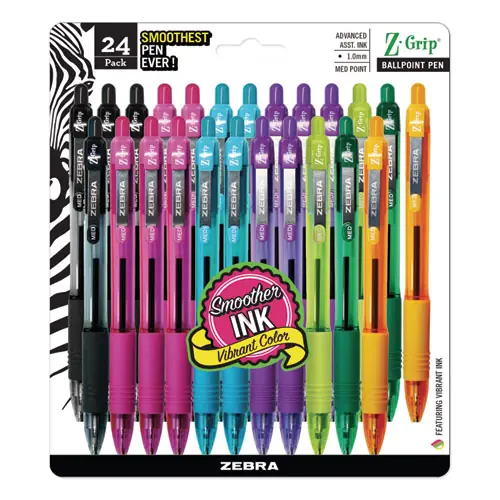 Zebra® Z-Grip Ballpoint Pen, Retractable, Medium 1 mm, Assorted Artistic Ink and Barrel Colors, 24/Pack