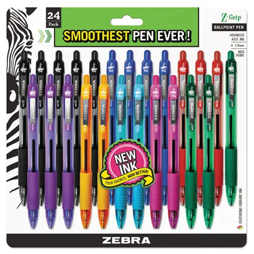 Zebra® Z-Grip Ballpoint Pen, Retractable, Medium 1 mm, Assorted Business/Artistic Ink and Barrel Colors, 24/Pack