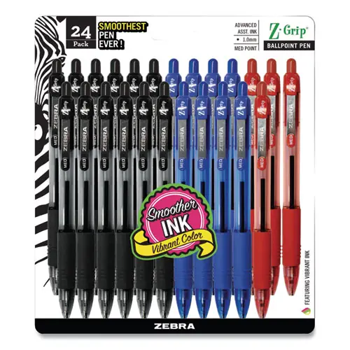 Zebra® Z-Grip Ballpoint Pen, Retractable, Medium, 1 mm, Assorted Ink & Barrel Colors, 24 Pack