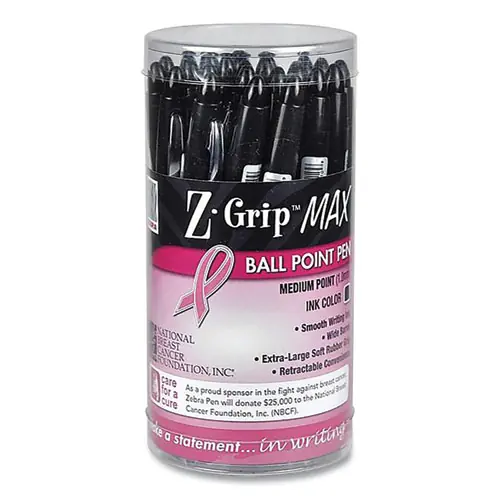 Zebra® Z-Grip MAX Breast Cancer Awareness Ballpoint Pen, Retractable, Bold 1.2 mm, Black Ink, Silver/Black Barrel, 24/Pack
