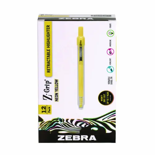 Zebra® Z-Grip Retractable Highlighter Markers, Neon Yellow Ink, Chisel Tip, Neon Yellow Barrel, Dozen