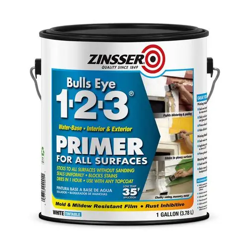 Zinsser® Bulls Eye 1-2-3 Water-Base Primer, Interior/Exterior, Flat White, 1 gal, 4/Carton