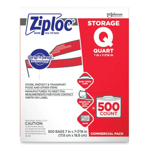 Ziploc® Double Zipper Storage Bags, Quart, Clear, 500/Box