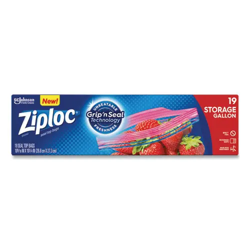 Ziploc® Double Zipper Storage Bags, Triple System Seal, Gallon, Clear, 19 Bags/Box, 12 Boxes/Carton