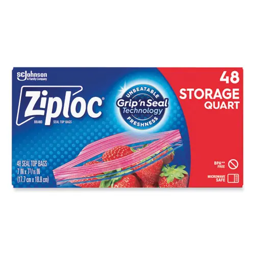 Ziploc® Double Zipper Storage Bags, Triple System Seal, Quart, Clear, 48/Box
