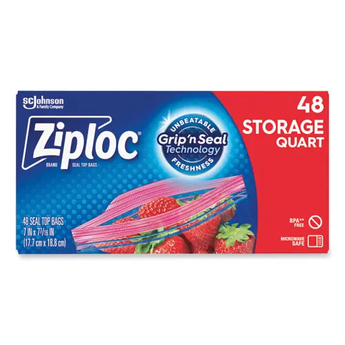 Ziploc® Double Zipper Storage Bags, Triple System Seal, Quart, Clear, 9/Carton