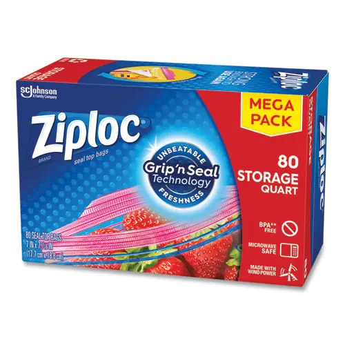 Ziploc® Seal Top Bags, Quart Size, 7.44" x 7", Clear, 80 Bags per Box