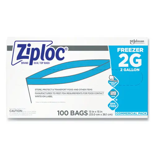 Ziploc® Zipper Freezer Bags, 2 gal, Clear, 100/Carton
