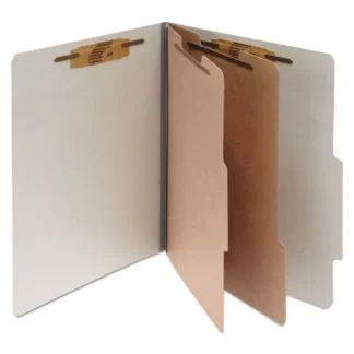 ACCO Pressboard Classification Folders, 3" Expansion, 2 Dividers, 6 Fasteners, Letter Size, Mist Gray Exterior, 10/Box
