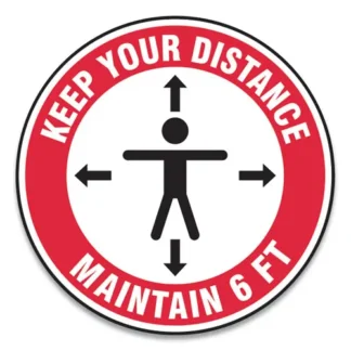 Accuform® Slip-Gard Social Distance Floor Signs, 12" Circle, "Keep Your Distance Maintain 6 ft", Human/Arrows, Red/White, 25/Pack