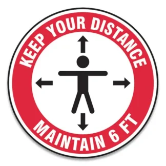 Accuform® Slip-Gard Social Distance Floor Signs, 17" Circle, "Keep Your Distance Maintain 6 ft", Human/Arrows, Red/White, 25/Pack