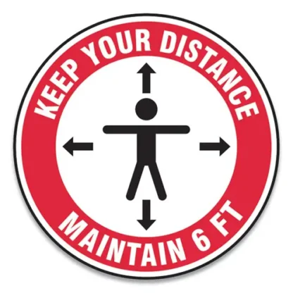Accuform® Slip-Gard Social Distance Floor Signs, 17" Circle, "Keep Your Distance Maintain 6 ft", Human/Arrows, Red/White, 25/Pack