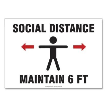 Accuform® Social Distance Signs, Wall, 14 x 10, "Social Distance Maintain 6 ft", Human/Arrows, White