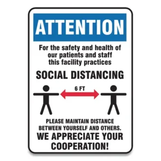 Accuform® Social Distance Signs, Wall, 7 x 10, Patients and Staff Social Distancing, Humans/Arrows, Blue/White, 10/Pack