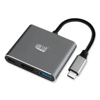 Adesso 3-in-1 USB-C Multi-Port TAA Compliant Docking Station, HDMI, USB-C, USB 3 A+PD, Black/Gray