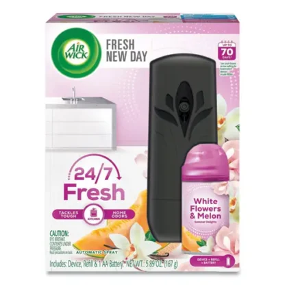 Air Wick® Freshmatic Life Scents Starter Kit, Automatic Sprayer with 5.89 oz White Flowers & Melon Summer Delights Refill and Battery