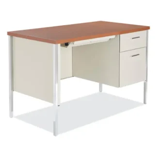 Alera® Single Pedestal Steel Desk, 45.25" x 24" x 29.5", Cherry/Putty, Chrome-Plated Legs