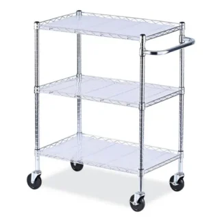Alera® Three-Shelf Wire Cart with Liners, 3 Adjustable Metal Shelves, 600 lb Capacity, Silver, 34.21" x 18" x 40"