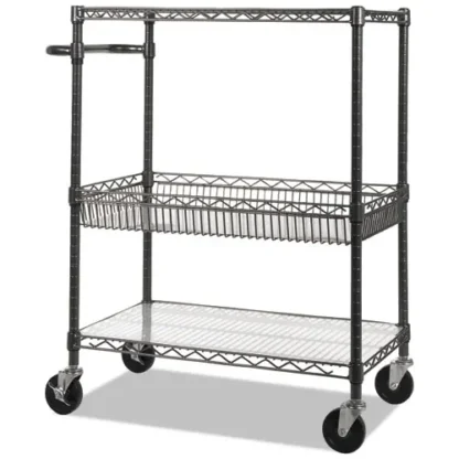 Alera® Three-Tier Wire Cart with Basket, Black Anthracite, 500 lb Capacity