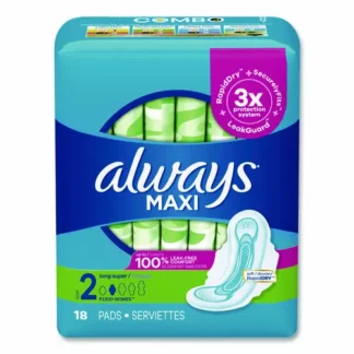 Always® Maxi Long Super Daytime Pad with Wings, Size 2, Super Absorbency, 18/Pack, 8 Packs/Carton