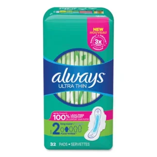 Always® Ultra Thin Pads with Wings, Size 2, Long, Super Absorbent, 32/Pack, 3 Packs/Carton