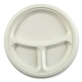AmerCareRoyal® Bagasse PFAS-Free 3-Compartment Plate, 10.24" Diameter, White, 500/Carton