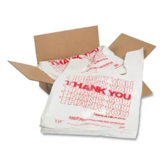 AmerCareRoyal® Thank You Bags, Thank You - Have a Nice Day Labeling, Cut-Out Handles, 11.5" x 6.5" x 20", White/Red, 775/Carton