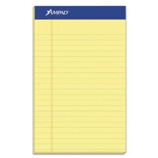 Ampad® Perforated Writing Pads, Narrow Rule, 5" x 8", Canary-Yellow, 50 Sheets, Dozen