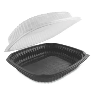 Anchor Packaging Culinary Lites Microwavable Hinged Container, 39 oz, Clear/Black, 100/Carton