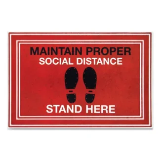 Apache Mills® Message Floor Mats, "Maintain Social Distance Stand Here", Red/Black, 24" x 36"